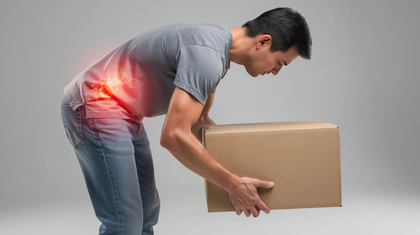 A person bending forward to pick up a box, with the lower back highlighted to show potential strain during lifting