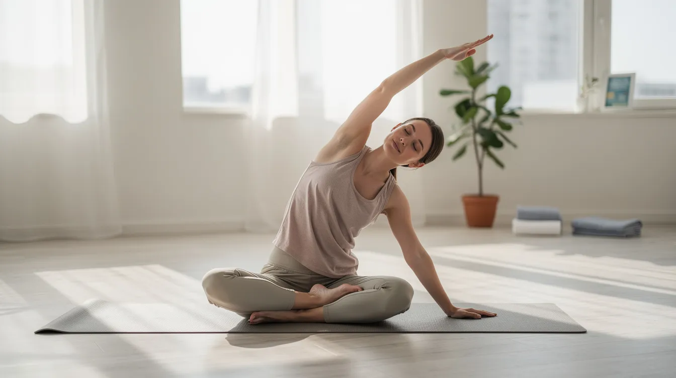 A person performing a gentle stretching exercise on a yoga mat, showing conservative self-care for back pain relief