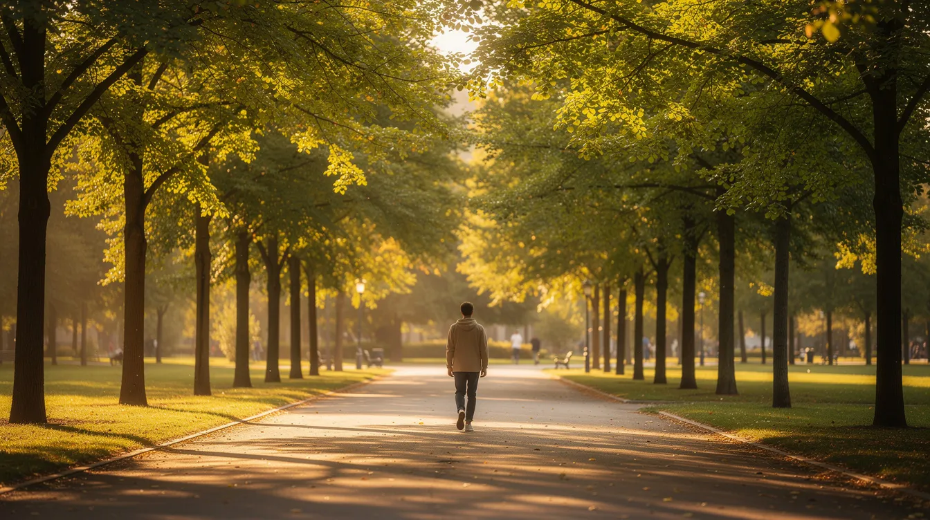 A person walking along a tree-lined path during golden hour, illustrating gentle activity for long-term back pain management