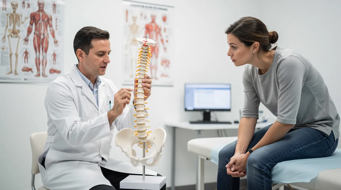 A medical professional discussing a spine model with a patient during a consultation about epidural steroid injections and pain management.