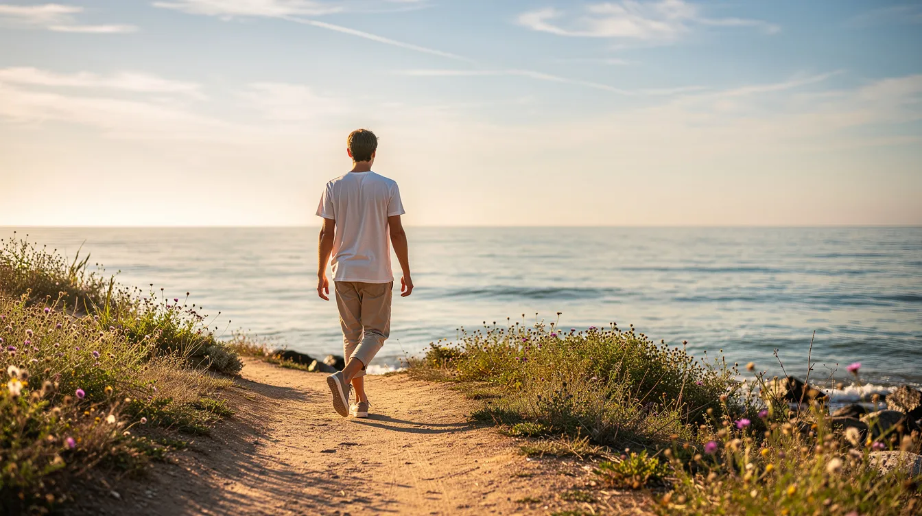 A person walking along a sunlit coastal path in Long Beach, representing improved mobility and quality of life through chronic pain management.