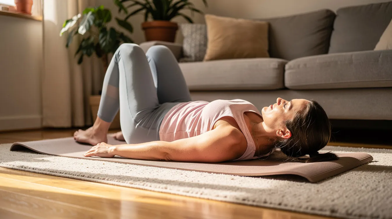A person is practicing gentle core strengthening exercises on a yoga mat at home, focusing on relaxing tight muscles to relieve lower back pain. The individual is positioned comfortably, with shoulders relaxed, demonstrating a commitment to improving overall health and potentially alleviating chronic lower back pain.