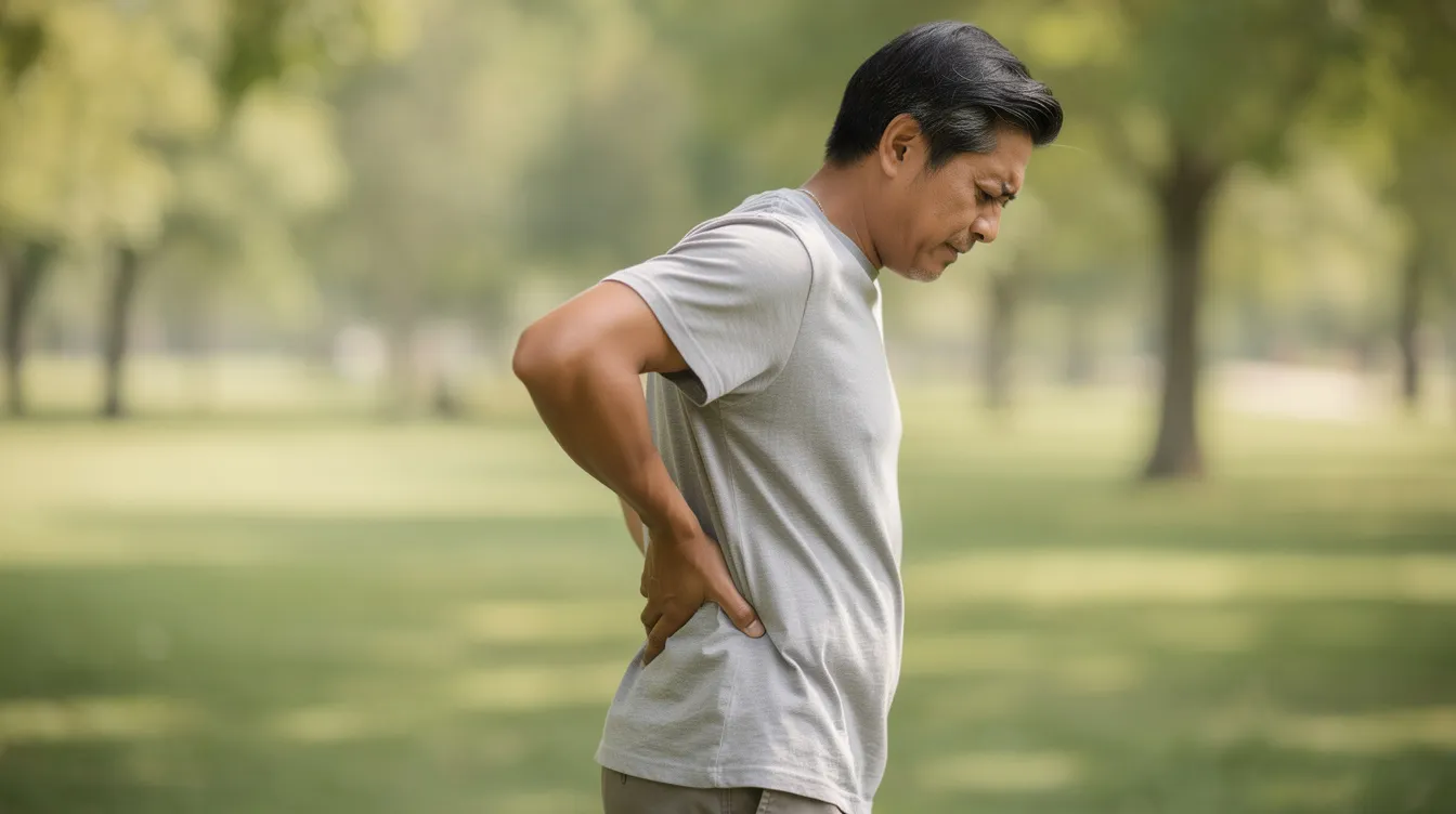 A person stands outdoors, visibly uncomfortable as they hold their lower back, indicating possible acute back pain or muscle strain. The scene suggests the individual may be experiencing tight muscles or discomfort that could be related to poor posture or heavy lifting.