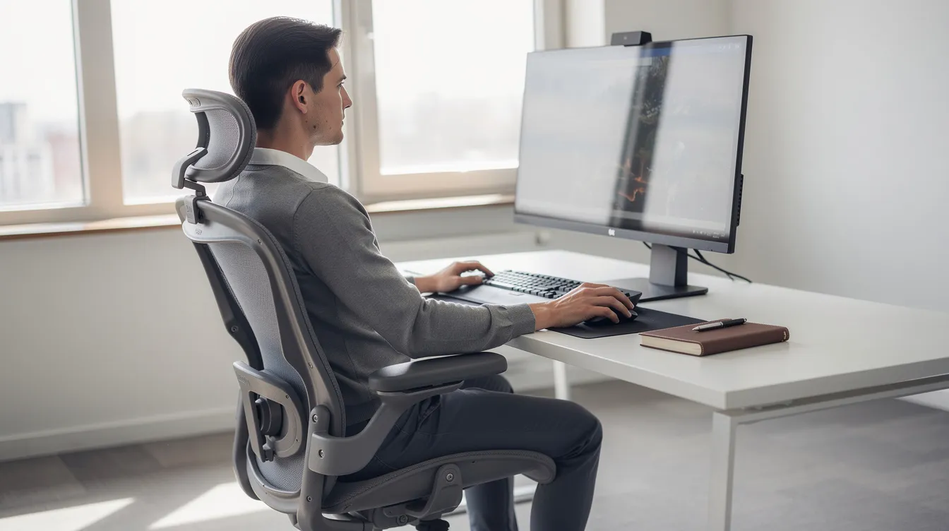The image depicts a person sitting at an ergonomic workstation, featuring proper lumbar support and a computer screen positioned at eye level, promoting good posture to help relieve lower back pain. The setup is designed to support the lumbar spine and reduce the risk of muscle strain and discomfort during daily tasks.